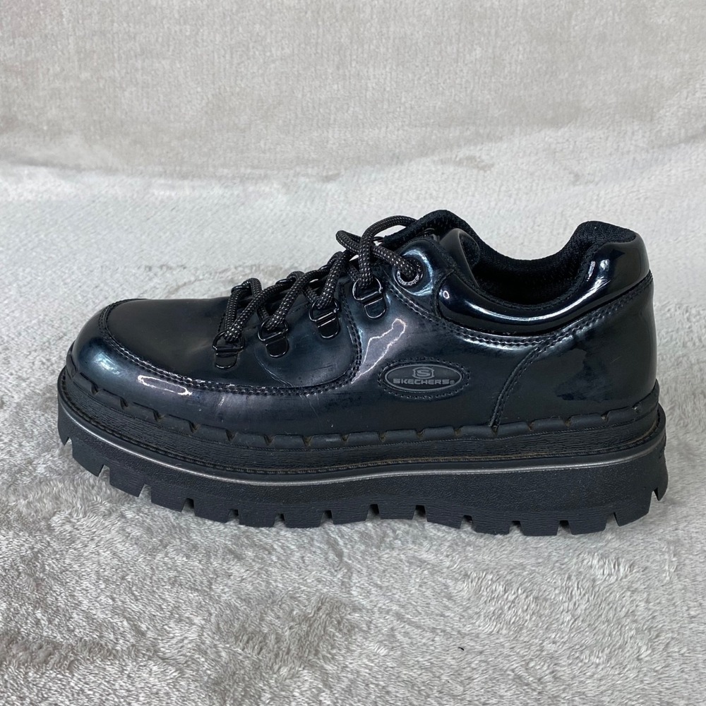 Skechers Jammers Patent Leather Womens Size 7.5 Cool Black Lug Sole - Picture 2 of 10